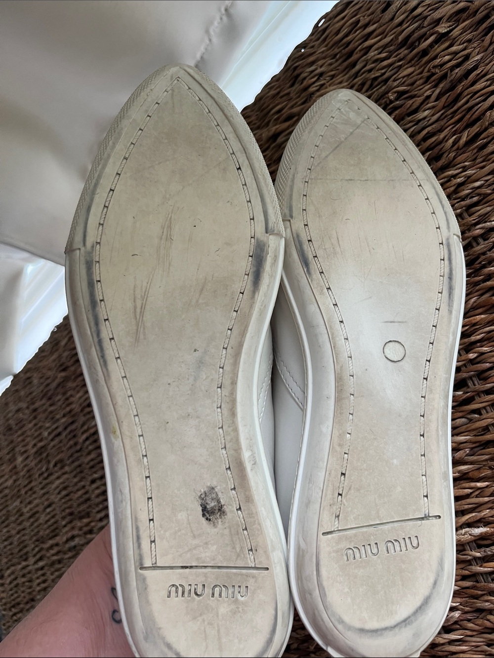 Women’s Miu Miu White/Cream Leather Slip-Ons with Silver Cap Toes - Picture 10 of 13